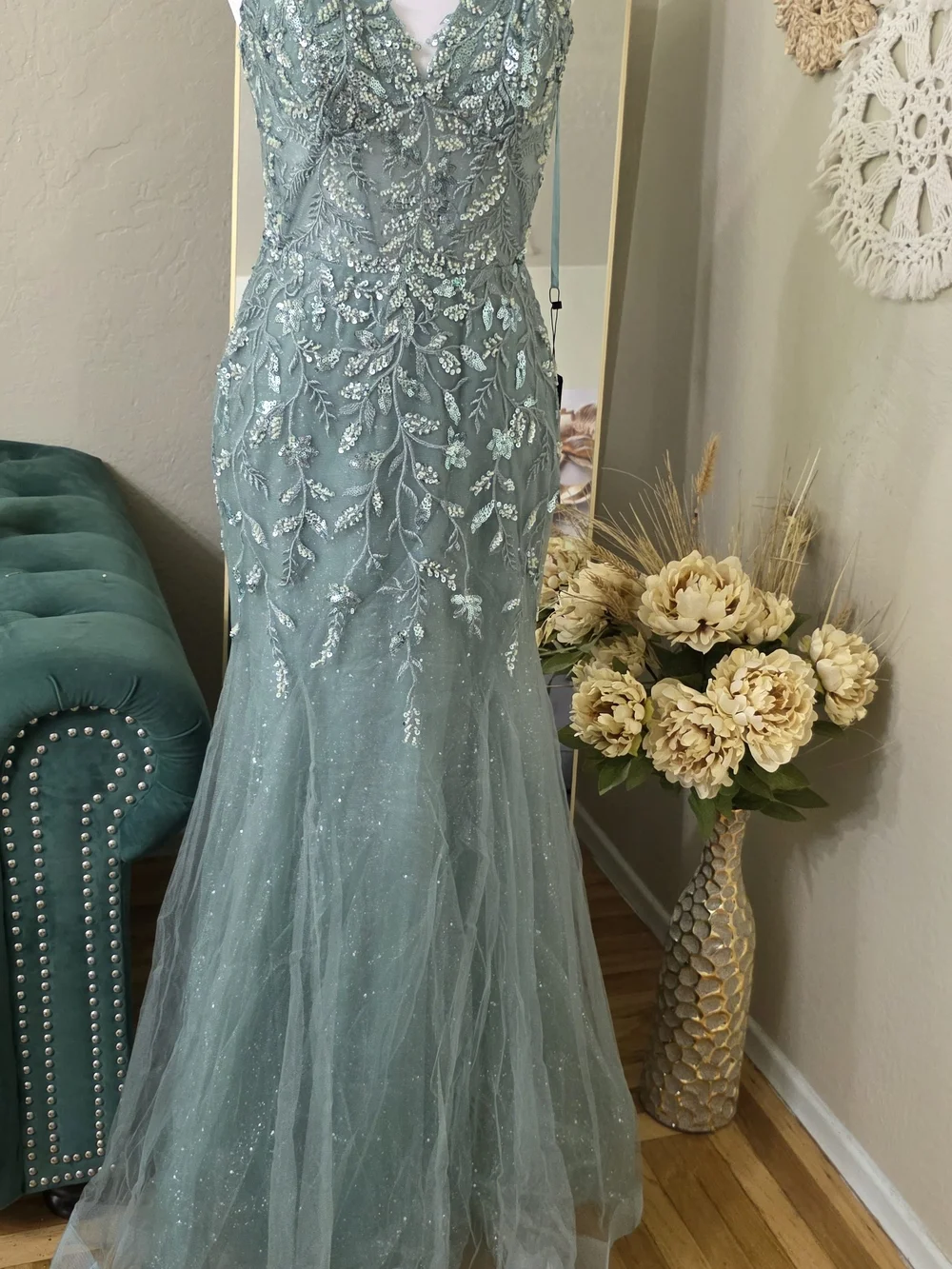 eva mendes for New York & Company Sage Beaded Floral Tulle Gown